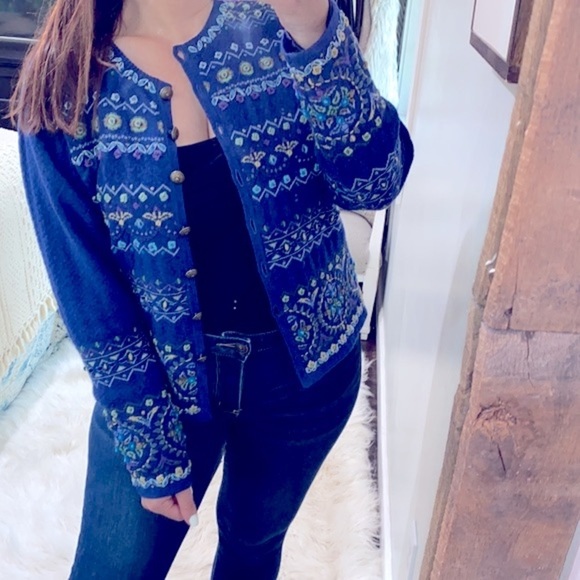 CARSON floral embroidered appliqué knit cardigan size medium lambswool blend - Picture 2 of 11